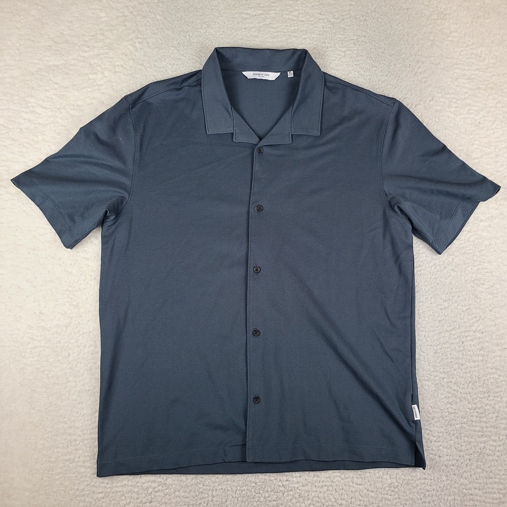 Kenneth Cole Shirt Mens XL Dark Blue Preppy Hawaiian Button Up Short Sleeve